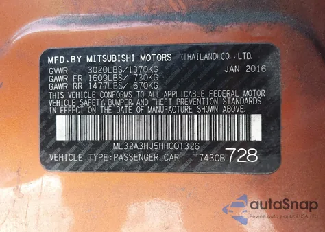 2017 Mitsubishi Mirage Es из США, поврежденный, VIN ML32A3HJ5HH001326